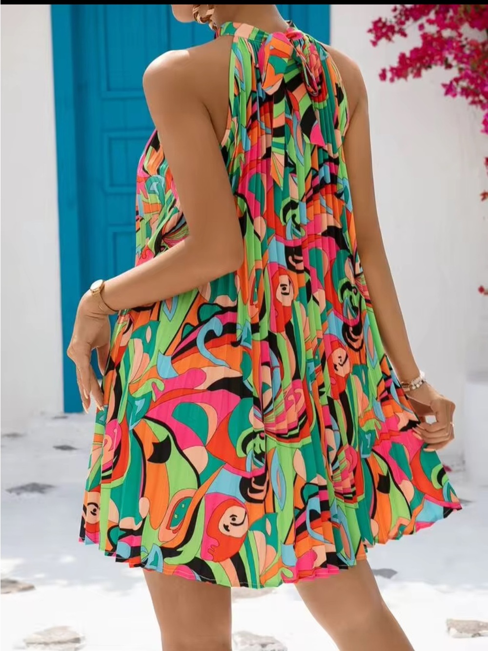 Vibrant Multicolor Pleated Tie Back Halter Mini Dress - Picture 3 of 7